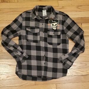 Disney Black and Gray Plaid Button-Up Shirt with Skull Design